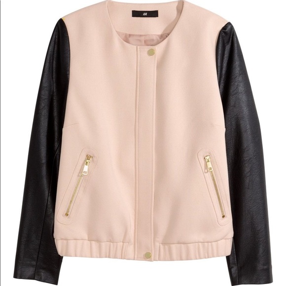 H&M Jackets & Coats Hm Beige Black Faux Leather Sleeves Bomber